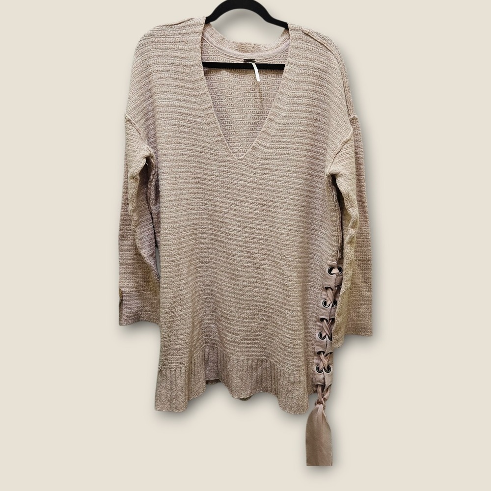 Free People Heart It Lace Up Sweater Tunic V Neck Knit Rose Casual Women's Large